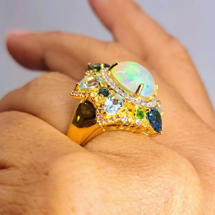 ?ROyal Caribbean’ Sz 10 Ring - Opal Topaz Citrine Diopside Zircon Tourmaline 18k Gold Sterling