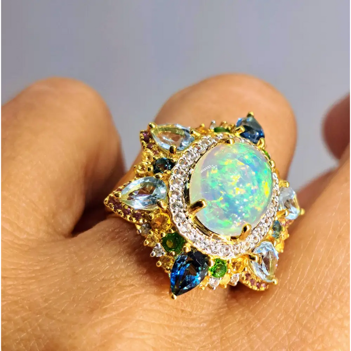 ?ROyal Caribbean’ Sz 10 Ring - Opal Topaz Citrine Diopside Zircon Tourmaline 18k Gold Sterling
