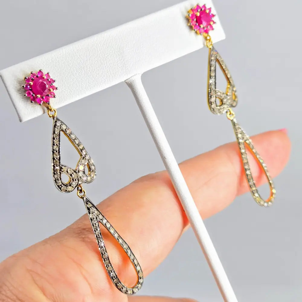 ?RUby Blooms’ 2.5’’ Earrings - Diamonds Rubies Sterling 18k Gold Accents