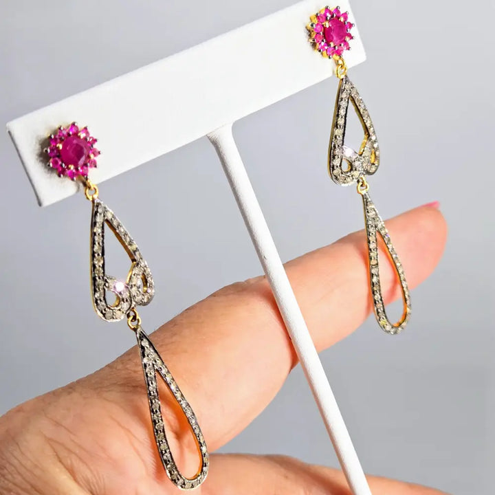 ?RUby Blooms’ 2.5’’ Earrings - Diamonds Rubies Sterling 18k Gold Accents