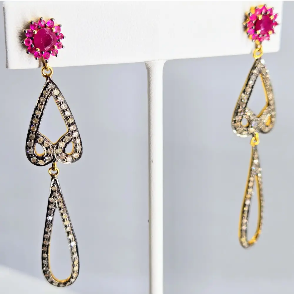 ?RUby Blooms’ 2.5’’ Earrings - Diamonds Rubies Sterling 18k Gold Accents