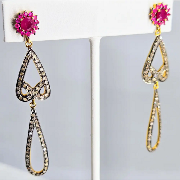 ?RUby Blooms’ 2.5’’ Earrings - Diamonds Rubies Sterling 18k Gold Accents