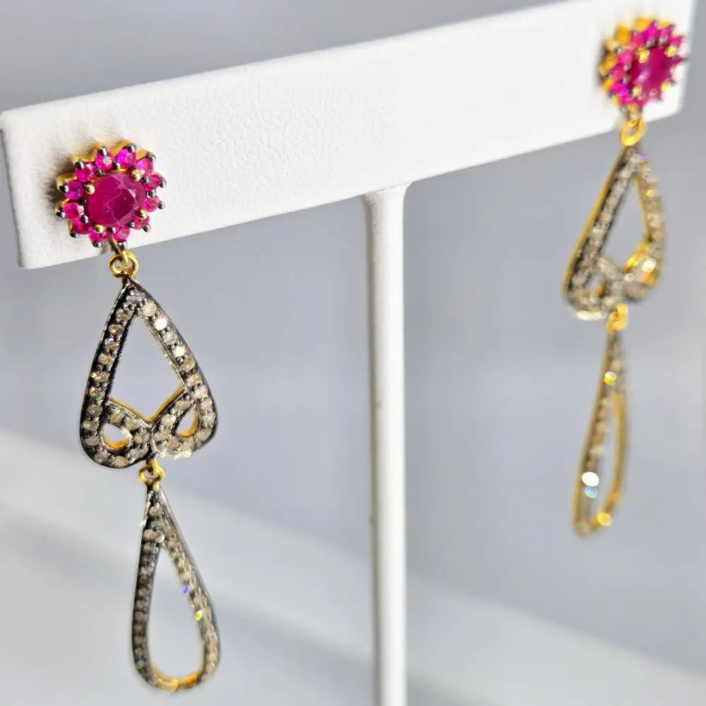 ?RUby Blooms’ 2.5’’ Earrings - Diamonds Rubies Sterling 18k Gold Accents