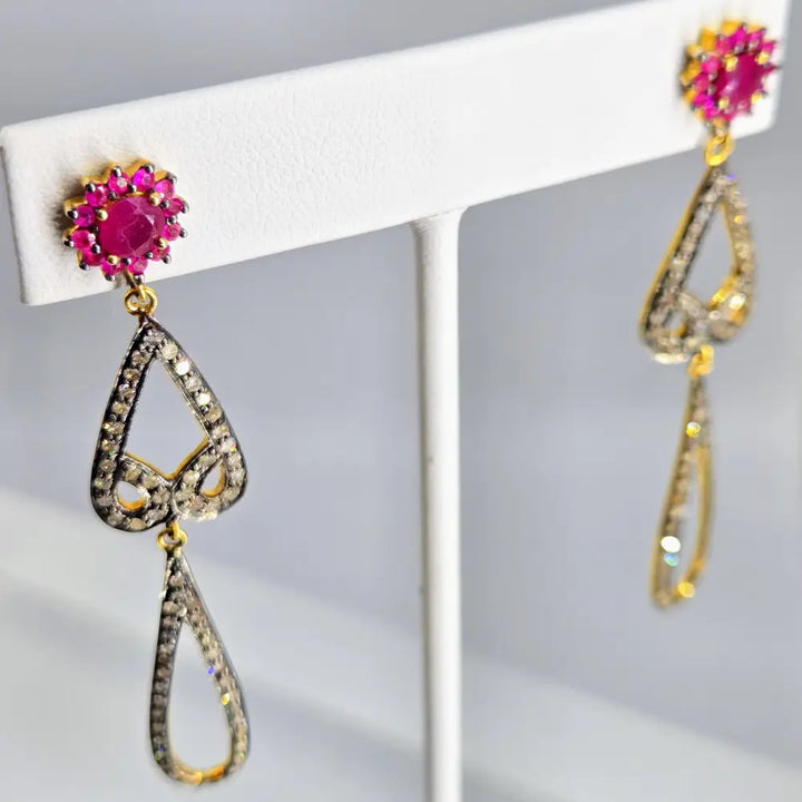 ?RUby Blooms’ 2.5’’ Earrings - Diamonds Rubies Sterling 18k Gold Accents