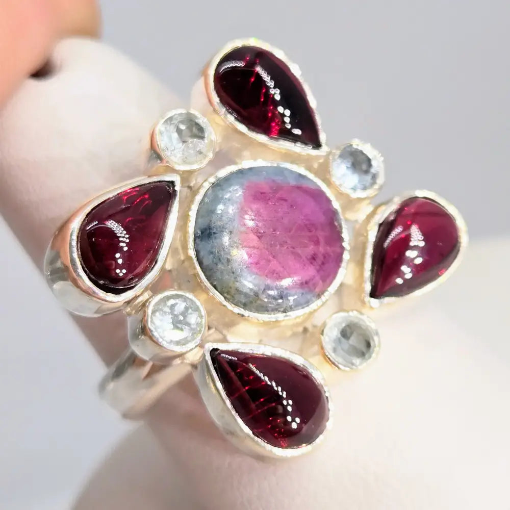 ?RUby Dooby Doo’ Sz 7.25 Ring - Ruby Fuchsite Topaz Rhodolite Garnet Sterling