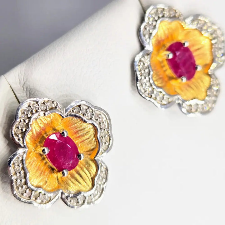 ?RUby Le Fleur’.75 Earrings - Diamonds Ruby Anti-tarnish 18k Gold Sterling