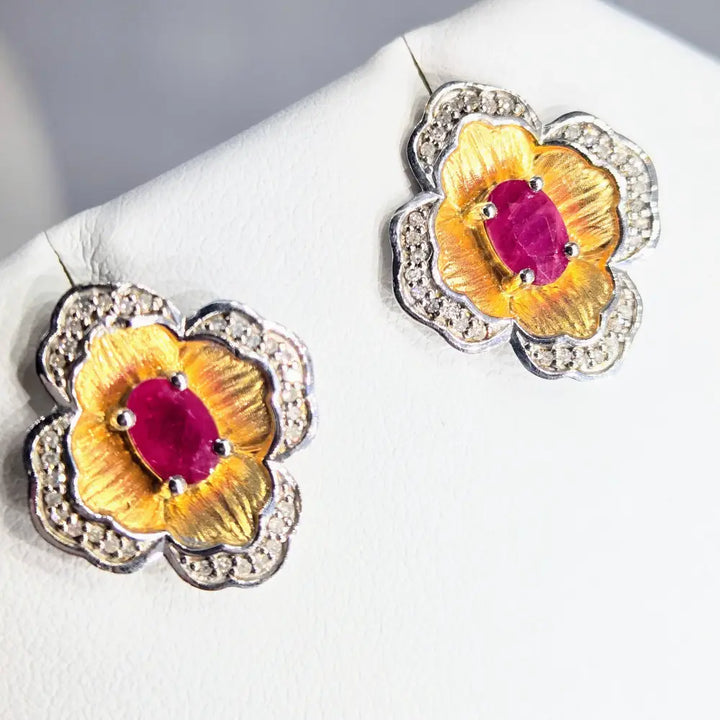 ?RUby Le Fleur’.75 Earrings - Diamonds Ruby Anti-tarnish 18k Gold Sterling