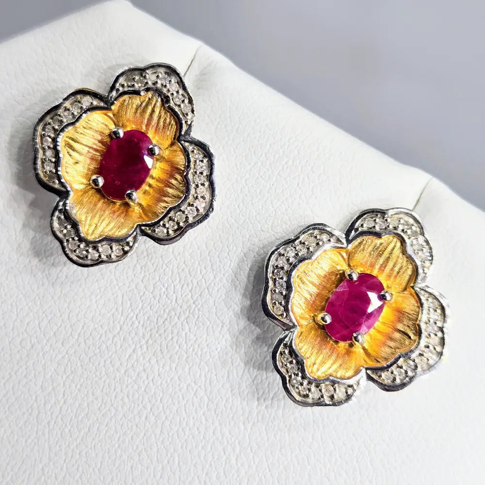 ?RUby Le Fleur’.75 Earrings - Diamonds Ruby Anti-tarnish 18k Gold Sterling