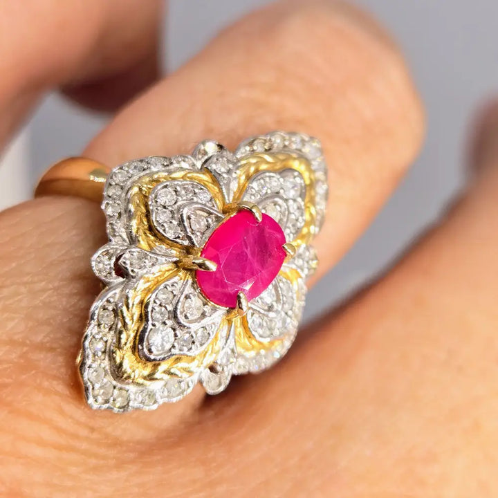 ?RUby Le Fleur’ Sz 7.25 Ring - Diamonds Ruby Anti-tarnish 18k Gold Sterling