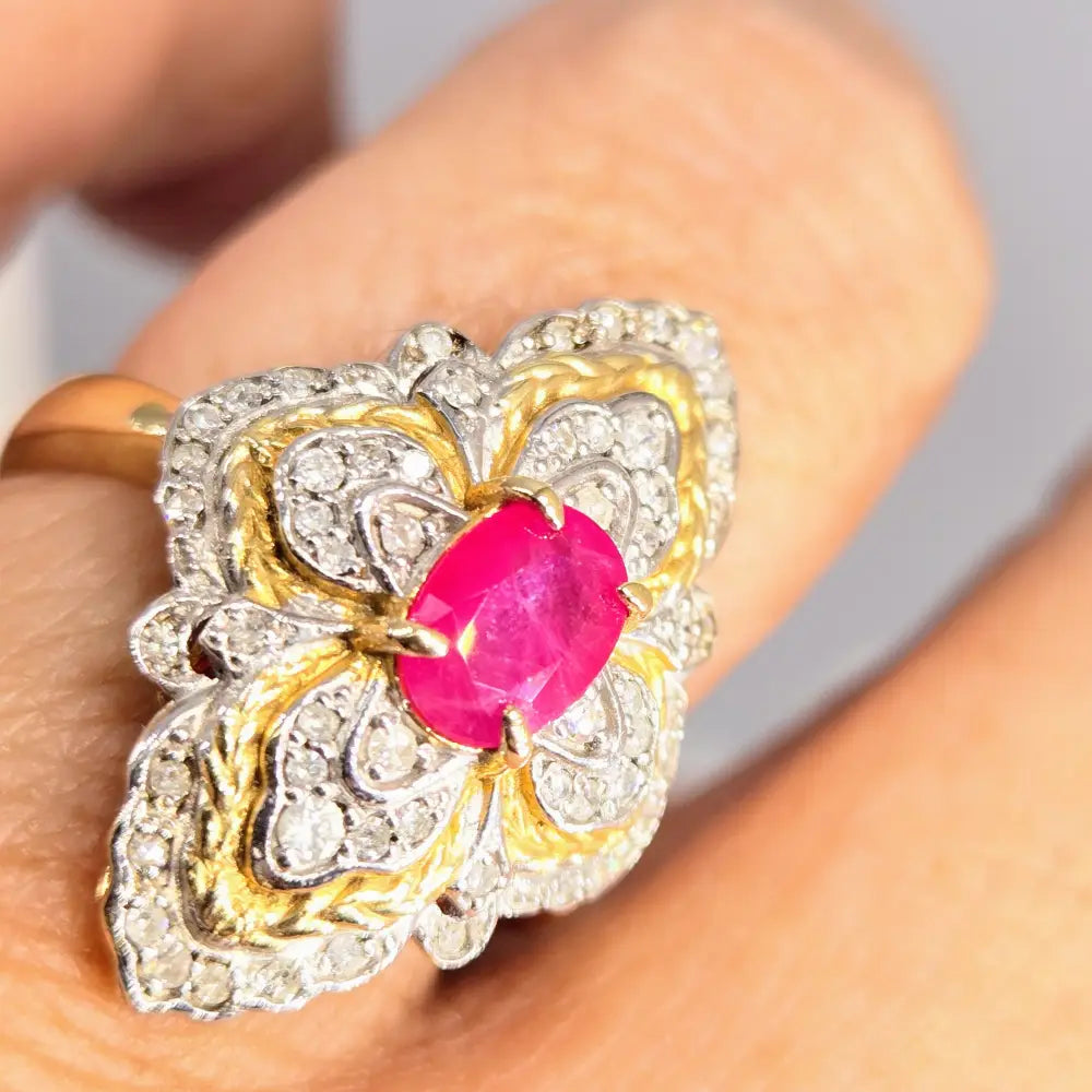 ?RUby Le Fleur’ Sz 7.25 Ring - Diamonds Ruby Anti-tarnish 18k Gold Sterling
