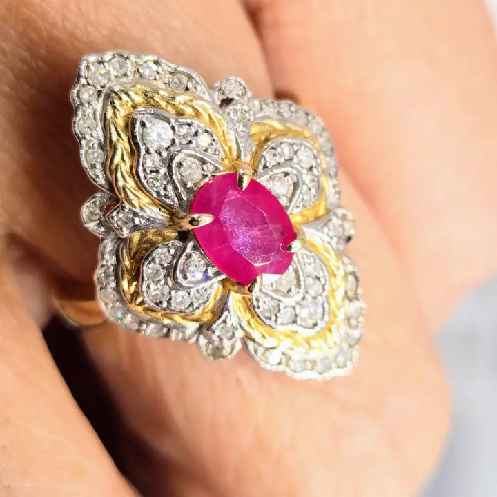 ?RUby Le Fleur’ Sz 7.25 Ring - Diamonds Ruby Anti-tarnish 18k Gold Sterling