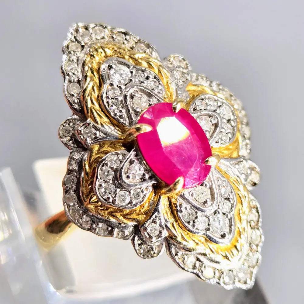 ?RUby Le Fleur’ Sz 7.25 Ring - Diamonds Ruby Anti-tarnish 18k Gold Sterling