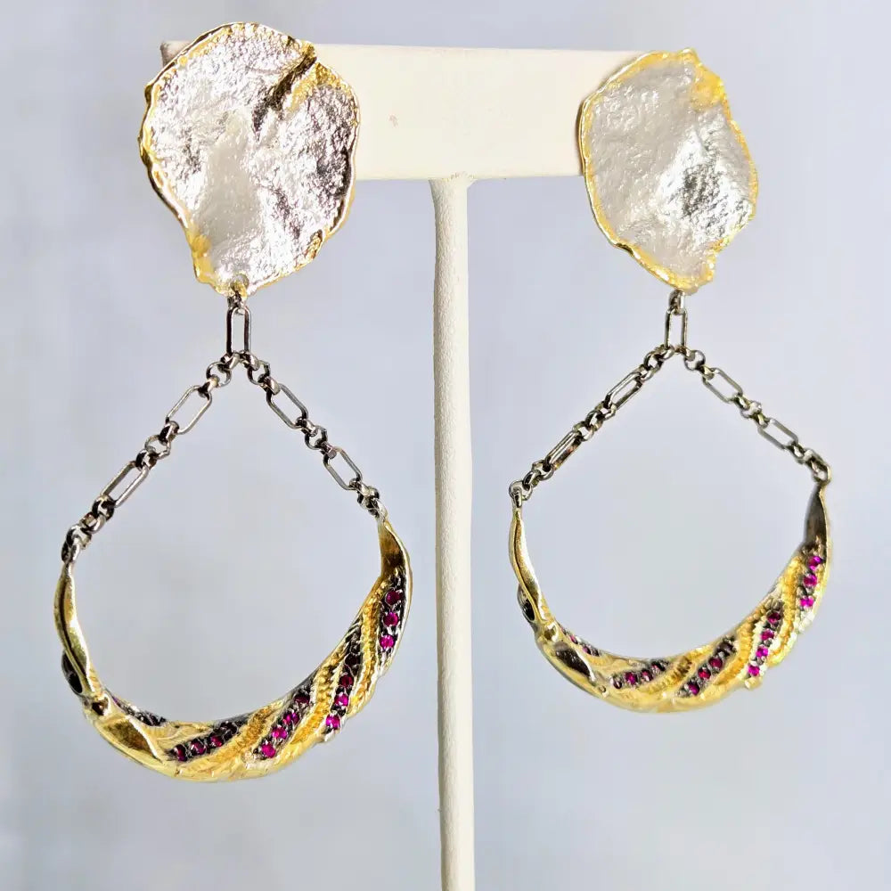 ?RUby Swings’ 3’’ Earrings - Rubies Anti-tarnish & Oxidized Sterling 18k Gold - Earrings