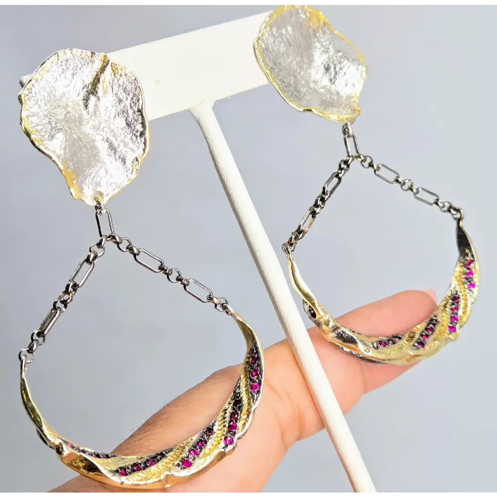 ?RUby Swings’ 3’’ Earrings - Rubies Anti-tarnish & Oxidized Sterling 18k Gold - Earrings