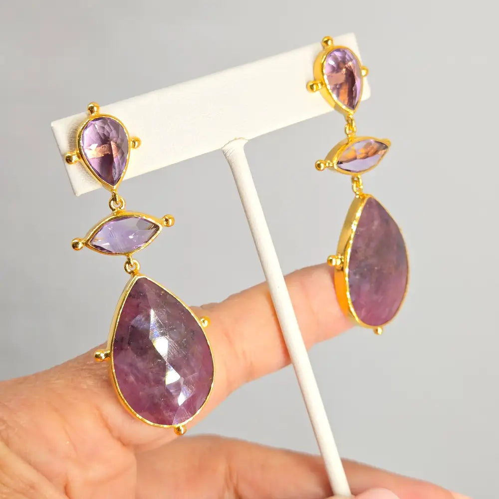 ?RUby Tuesdays’ 2.75’’ Earrings - Amethyst Ruby 18k Gold Sterling