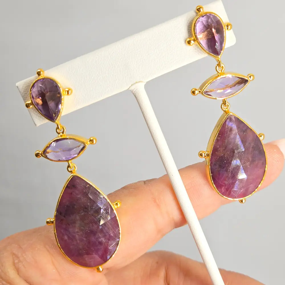 ?RUby Tuesdays’ 2.75’’ Earrings - Amethyst Ruby 18k Gold Sterling