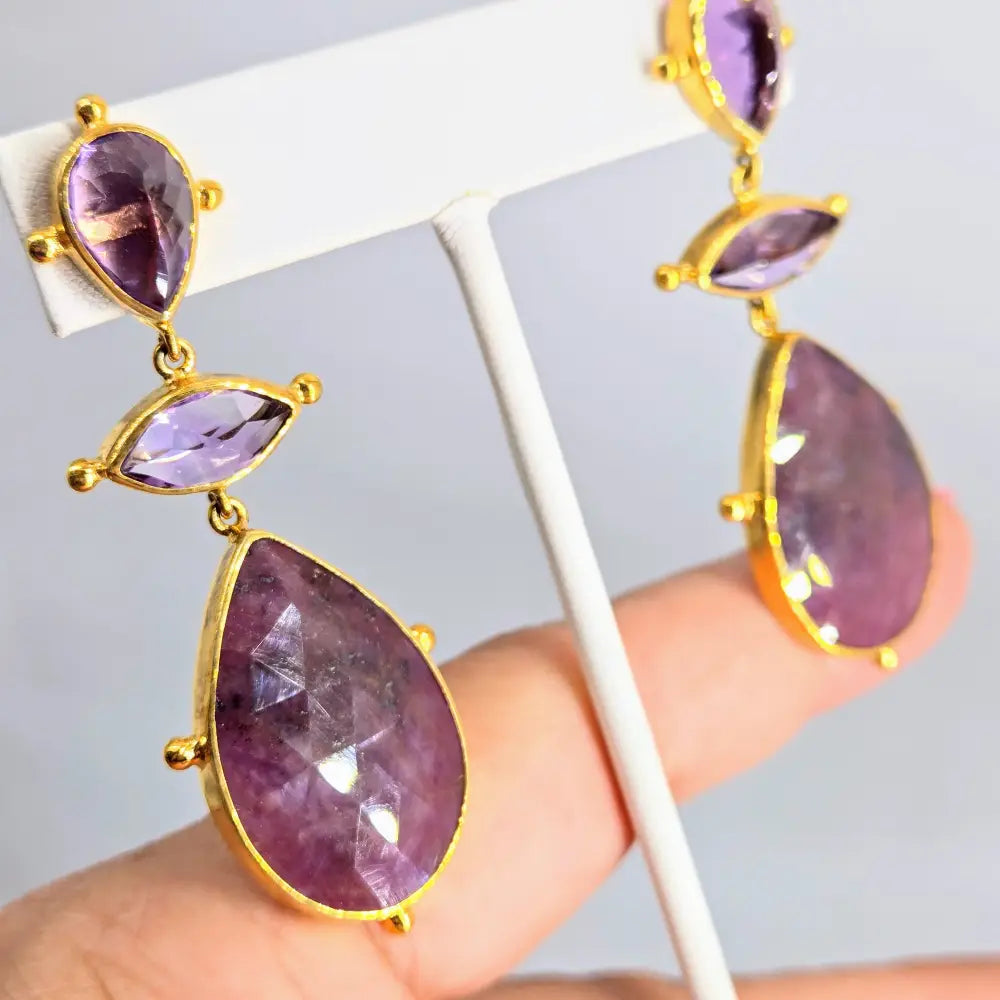 ?RUby Tuesdays’ 2.75’’ Earrings - Amethyst Ruby 18k Gold Sterling