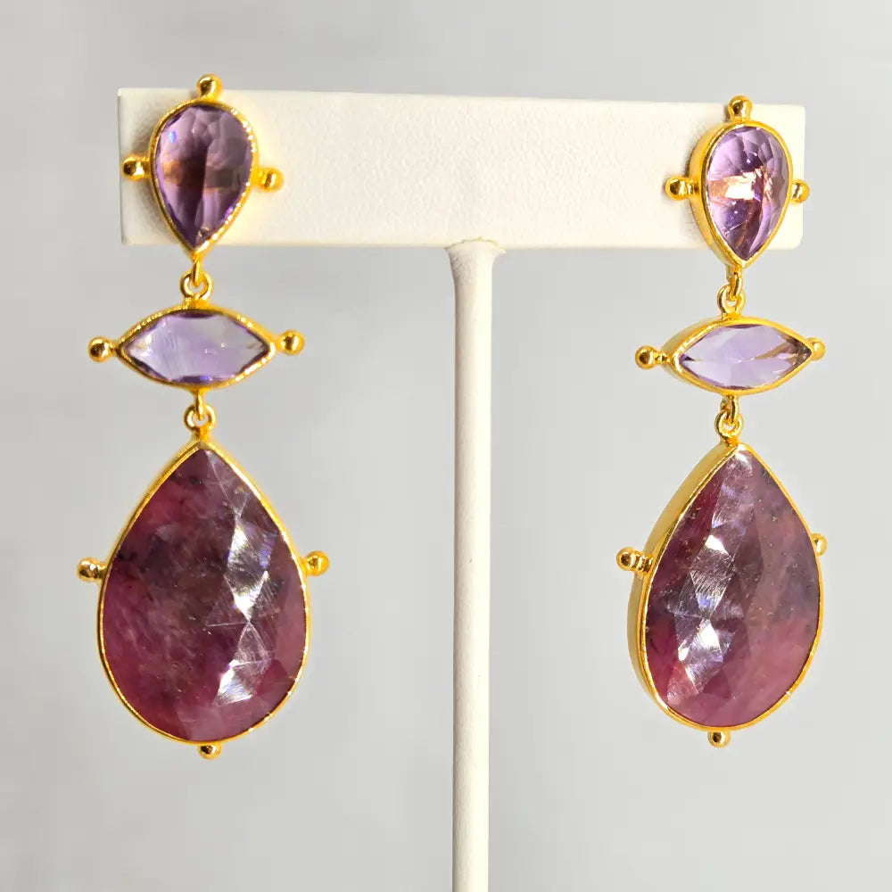 ?RUby Tuesdays’ 2.75’’ Earrings - Amethyst Ruby 18k Gold Sterling