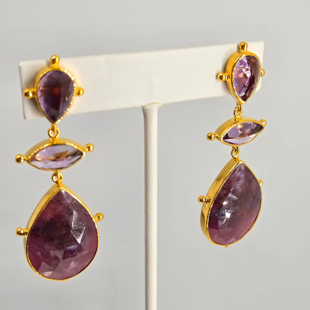 ?RUby Tuesdays’ 2.75’’ Earrings - Amethyst Ruby 18k Gold Sterling