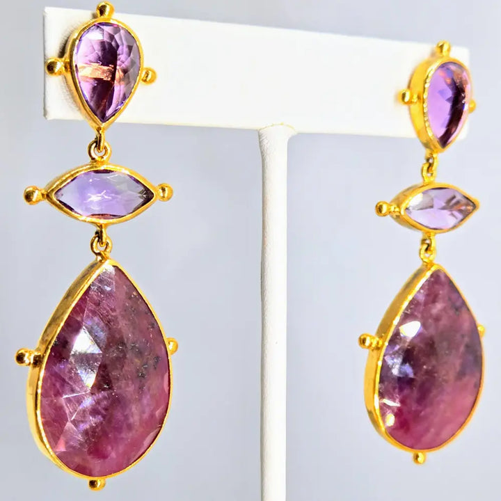 ?RUby Tuesdays’ 2.75’’ Earrings - Amethyst Ruby 18k Gold Sterling