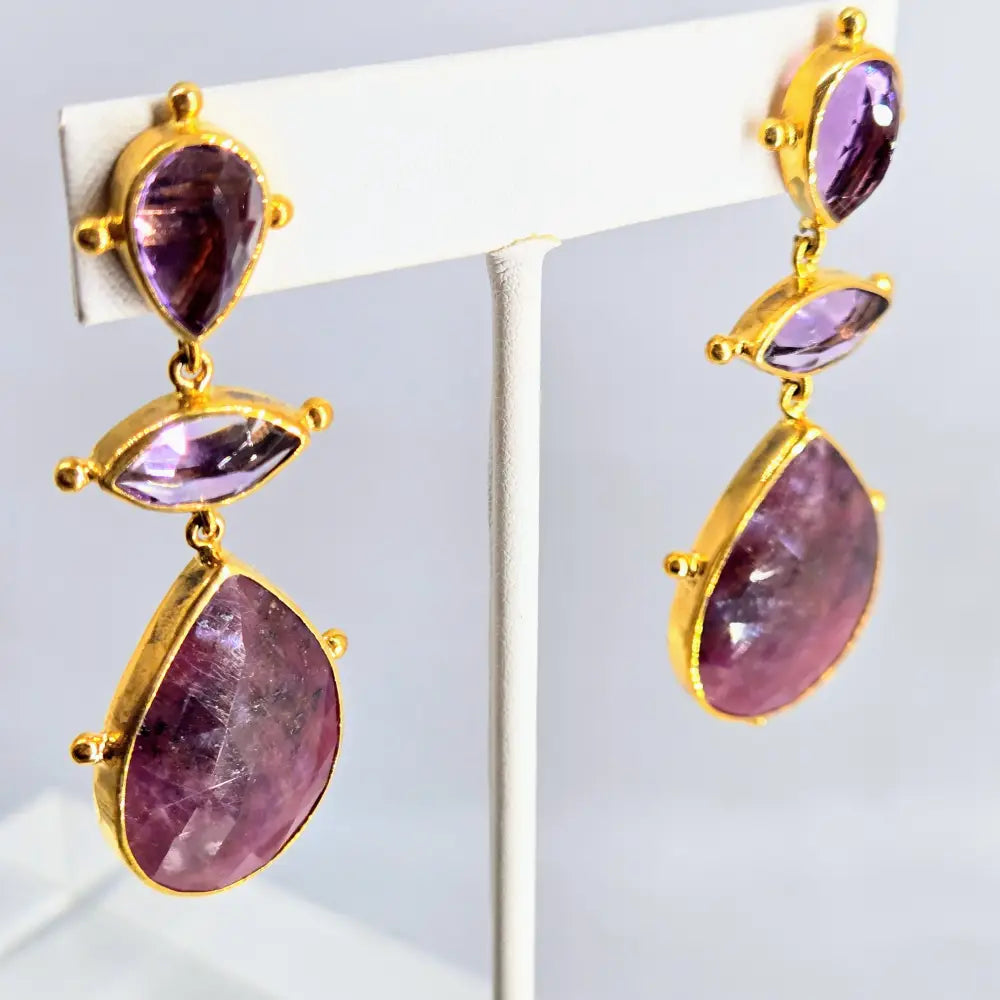 ?RUby Tuesdays’ 2.75’’ Earrings - Amethyst Ruby 18k Gold Sterling