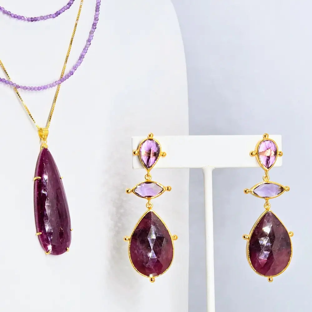 ?RUby Tuesdays’ 2.75’’ Earrings - Amethyst Ruby 18k Gold Sterling