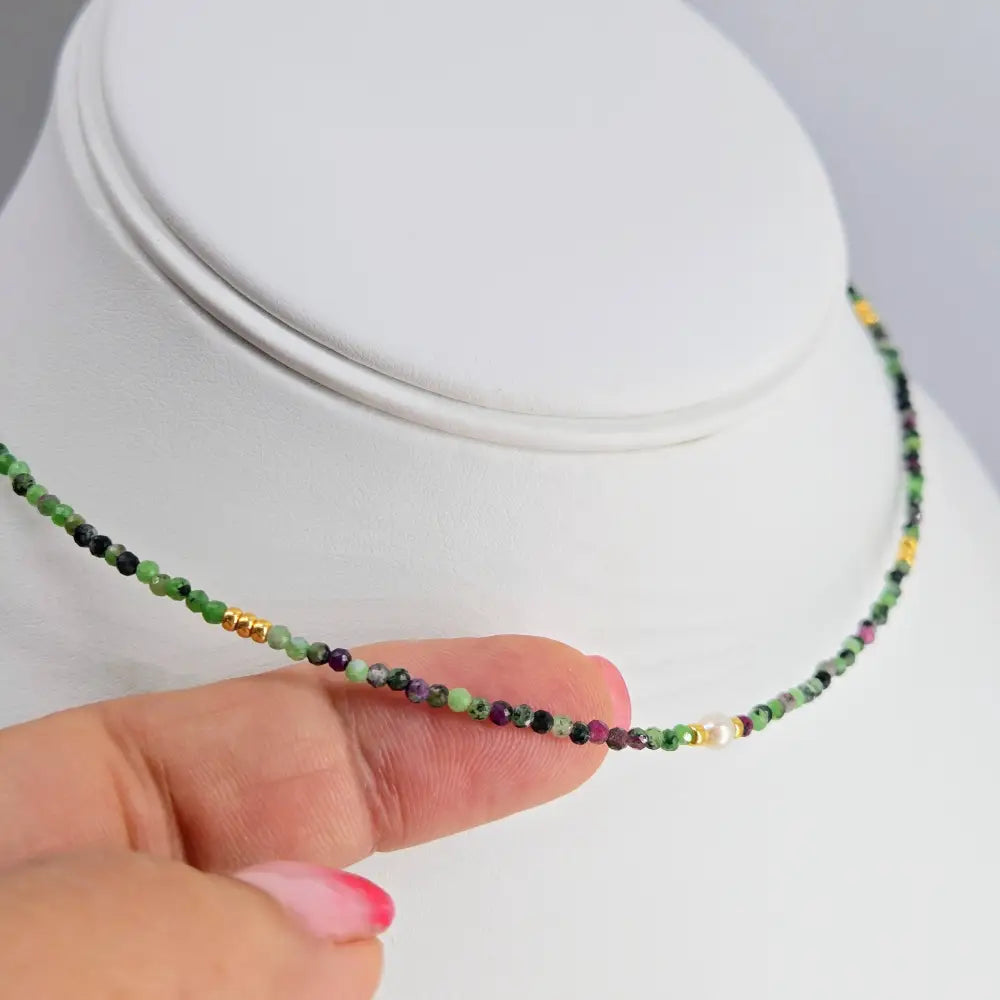 ?RUby Zoisite Strand’ Necklaces - Ruby - 2mm Simple w Pearl Center & Gold Pvd Findings 15’’-17’’ - Necklace