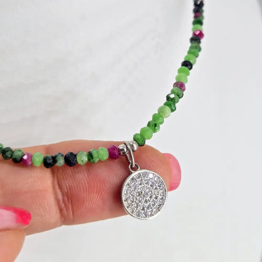?RUby Zoisite Strand’ Necklaces - Ruby - 3.5mm with Sterling Accents & Sparkling Medalion 16’’-18’’ - Necklace