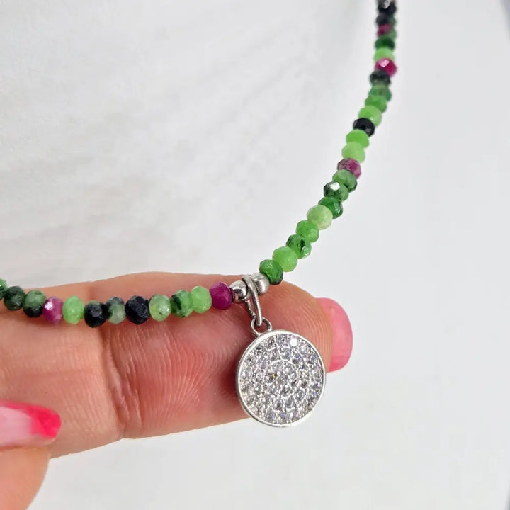 ?RUby Zoisite Strand’ Necklaces - Ruby - 3.5mm with Sterling Accents & Sparkling Medalion 16’’-18’’ - Necklace