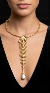 "Smooth Bones" Schiapparelli Style Matte Gold Fish Skeleton Collar Statement Necklace
