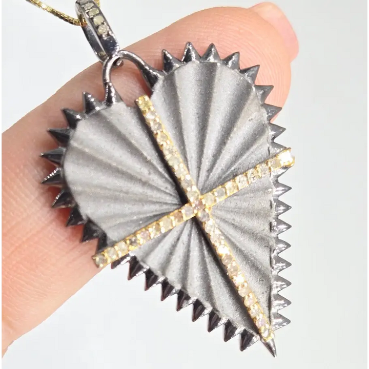 ?SAcred Heart’ Pendant Necklace - Gunmetal Pave Diamonds 18k Gold