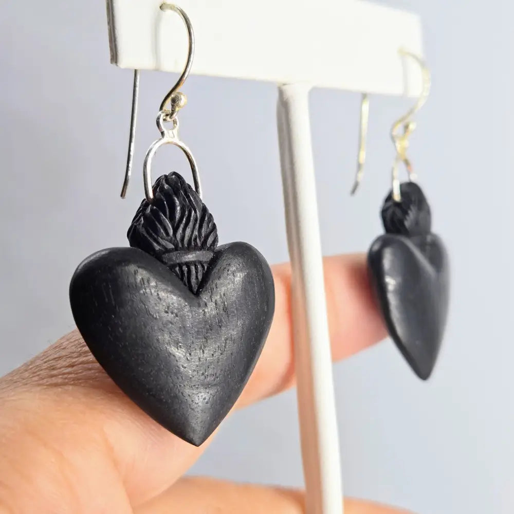 ?SAcred Hearts’ 2’’ Earrings - Ethical Bone or Ebony Sterling - Black