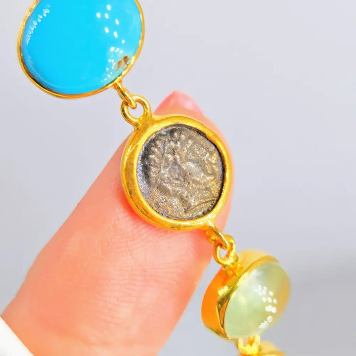 ?SAilor’s Delight’ 3.5’’ Earrings - Pearl Turqoise Prehnite Carnelian 18k Gold Over Sterling