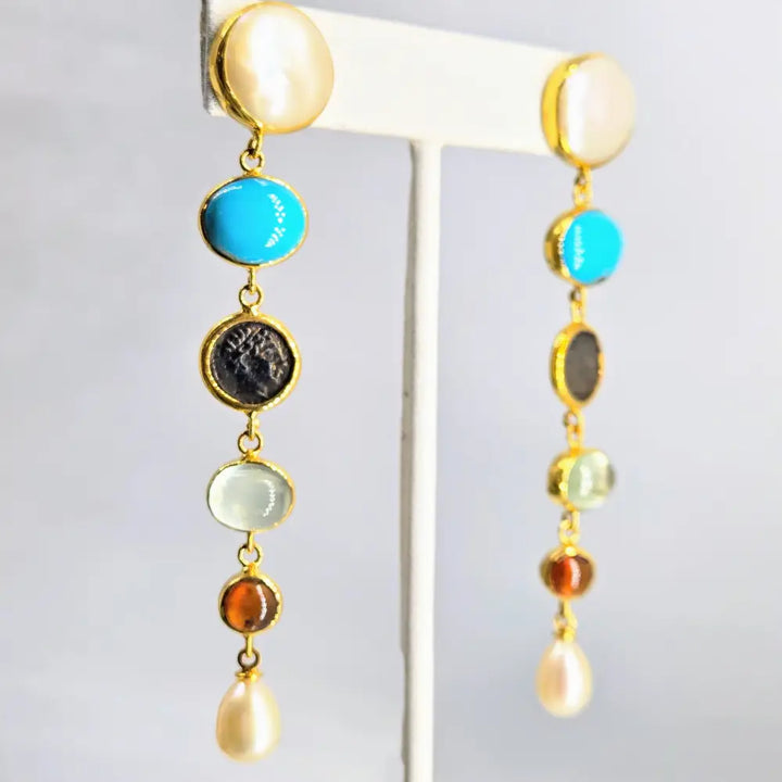 ?SAilor’s Delight’ 3.5’’ Earrings - Pearl Turqoise Prehnite Carnelian 18k Gold Over Sterling