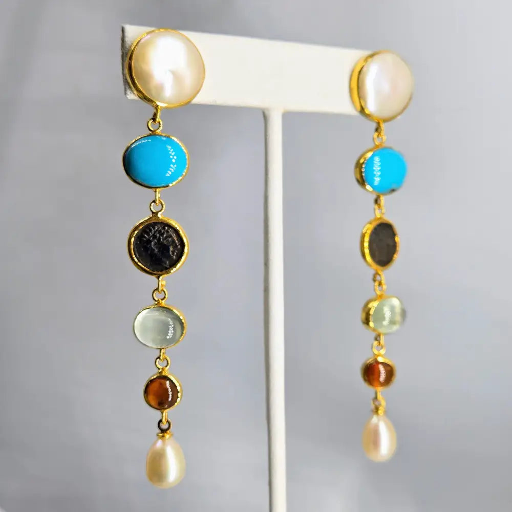 ?SAilor’s Delight’ 3.5’’ Earrings - Pearl Turqoise Prehnite Carnelian 18k Gold Over Sterling