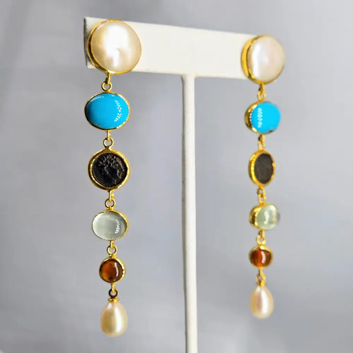 ?SAilor’s Delight’ 3.5’’ Earrings - Pearl Turqoise Prehnite Carnelian 18k Gold Over Sterling