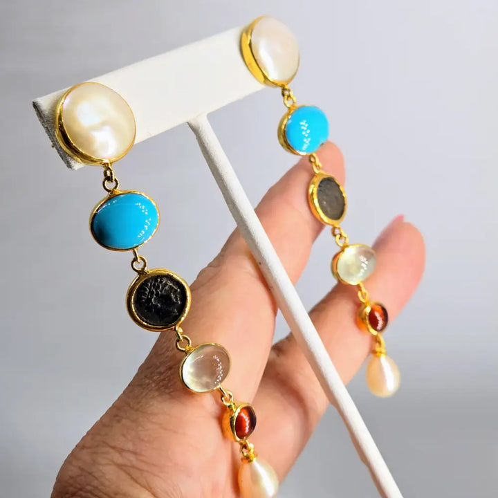 ?SAilor’s Delight’ 3.5’’ Earrings - Pearl Turqoise Prehnite Carnelian 18k Gold Over Sterling