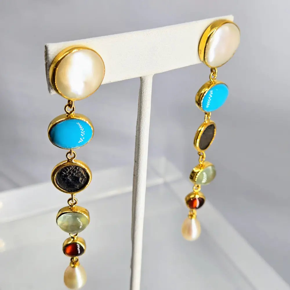 ?SAilor’s Delight’ 3.5’’ Earrings - Pearl Turqoise Prehnite Carnelian 18k Gold Over Sterling