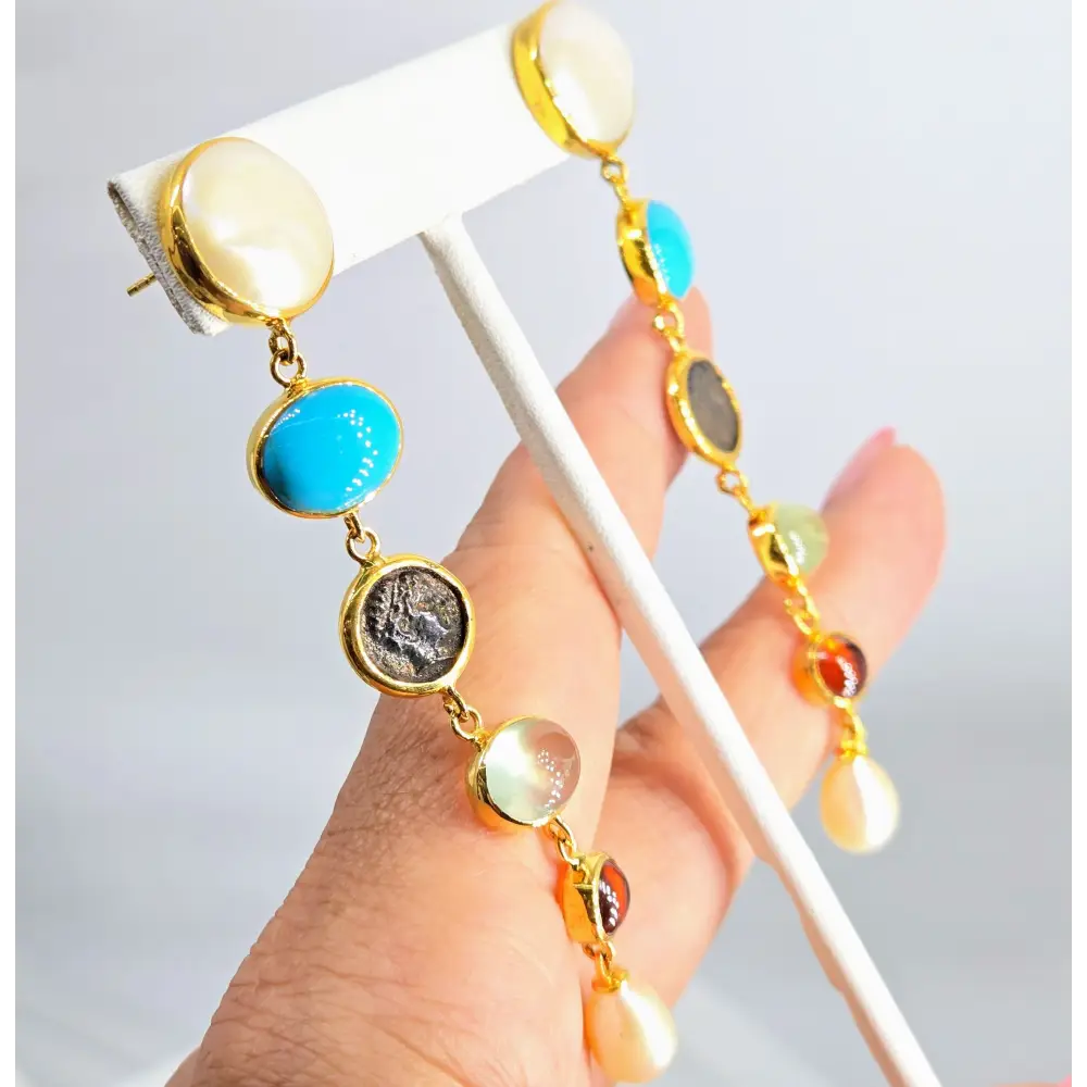 ?SAilor’s Delight’ 3.5’’ Earrings - Pearl Turqoise Prehnite Carnelian 18k Gold Over Sterling