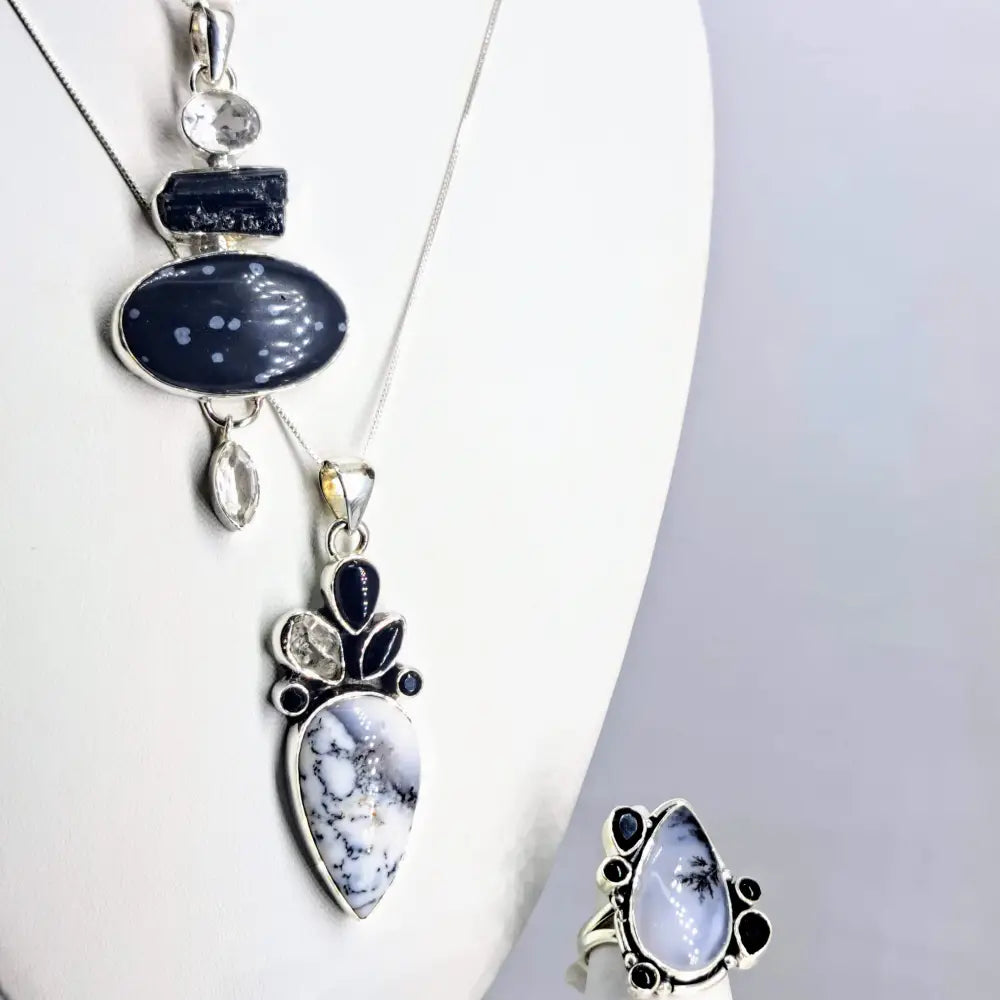 ?SAlt & Peppah!’ 2.5’’ Pendant 20’’ Necklace - Dendritic Opal Herkimer Diamond Onyx Sterling