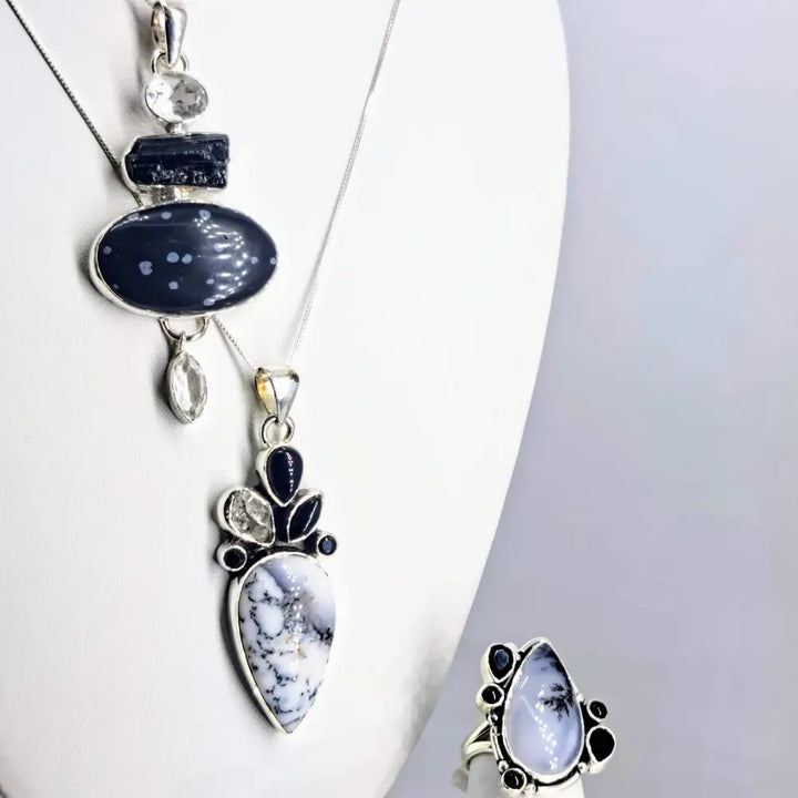 ?SAlt & Peppah!’ 2.5’’ Pendant 20’’ Necklace - Dendritic Opal Herkimer Diamond Onyx Sterling