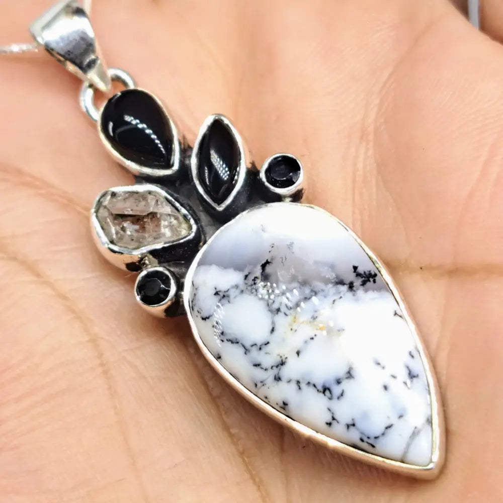 ?SAlt & Peppah!’ 2.5’’ Pendant 20’’ Necklace - Dendritic Opal Herkimer Diamond Onyx Sterling