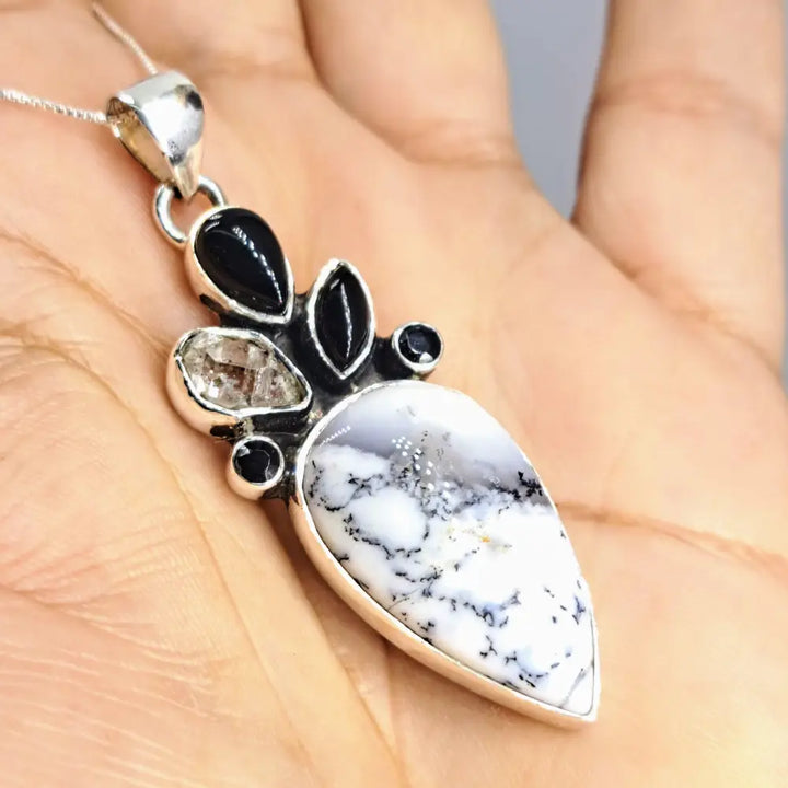 ?SAlt & Peppah!’ 2.5’’ Pendant 20’’ Necklace - Dendritic Opal Herkimer Diamond Onyx Sterling