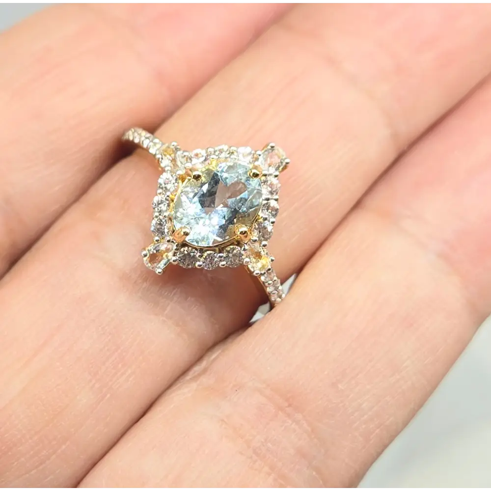 ?SEa Blue Sparkler’ Sz 7 Ring Aquamarie Diamonds Topaz Sapphire