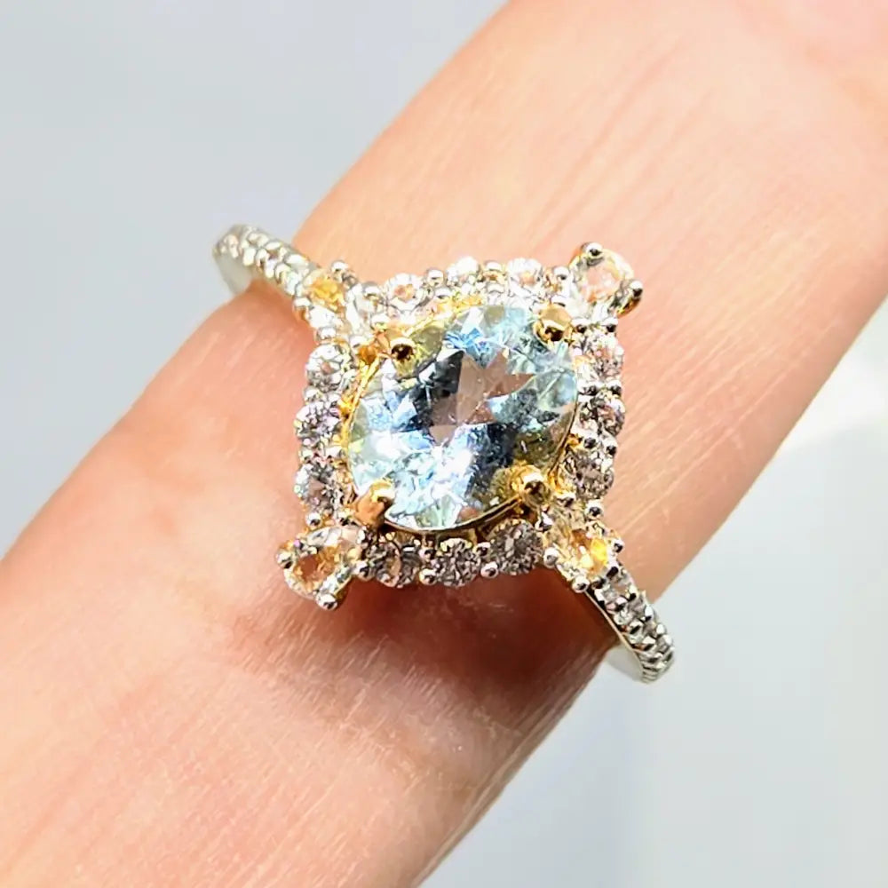 ?SEa Blue Sparkler’ Sz 7 Ring Aquamarie Diamonds Topaz Sapphire