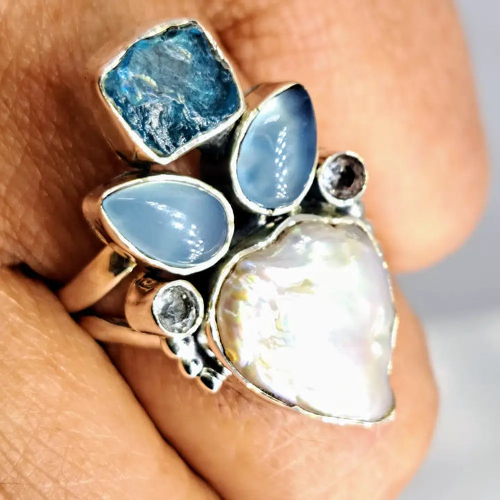 ?SEa Foam’ Sz 8 Ring - Apatite Chalcedony Topaz Pearl Sterling