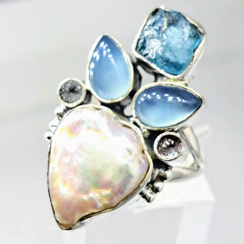 ?SEa Foam’ Sz 8 Ring - Apatite Chalcedony Topaz Pearl Sterling