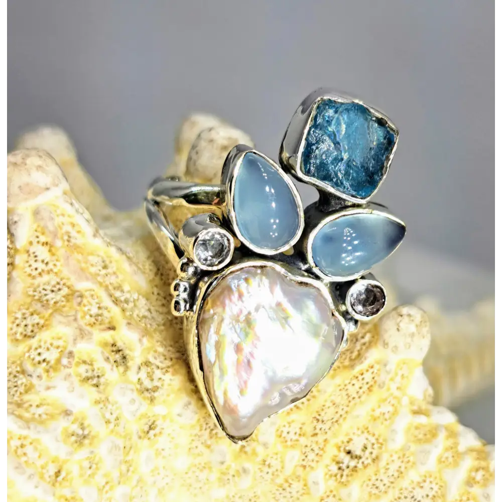 ?SEa Foam’ Sz 8 Ring - Apatite Chalcedony Topaz Pearl Sterling