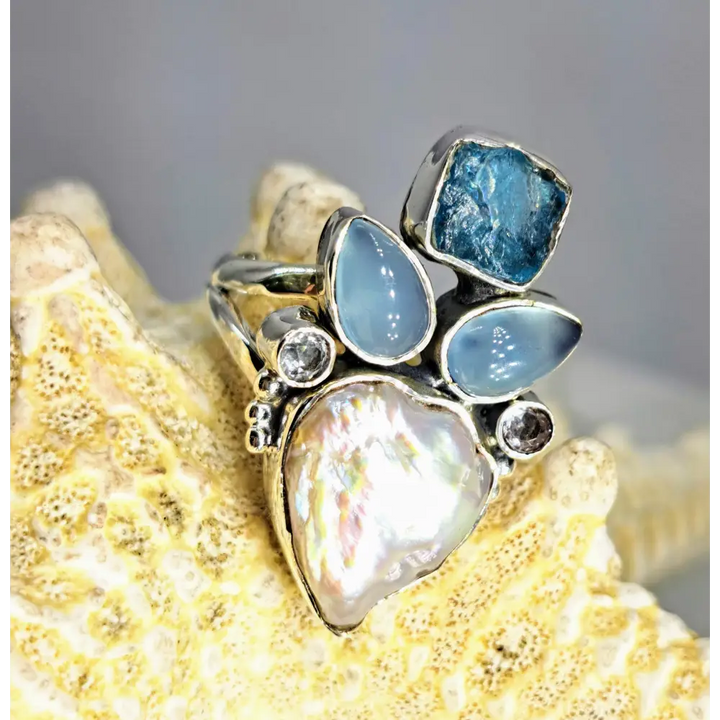 ?SEa Foam’ Sz 8 Ring - Apatite Chalcedony Topaz Pearl Sterling