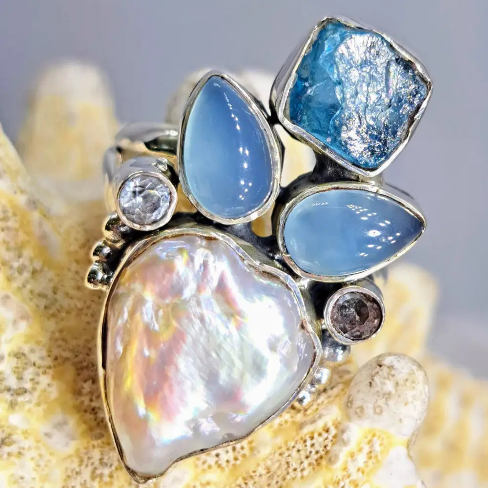 ?SEa Foam’ Sz 8 Ring - Apatite Chalcedony Topaz Pearl Sterling